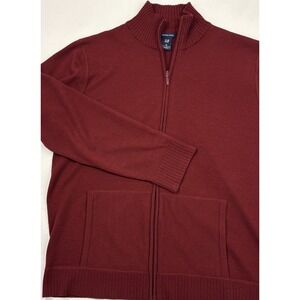 VTG Y2K Gap 100% Merino Wool Zip-Up Cardigan XL Brick Red Pockets Ribbed Detail
